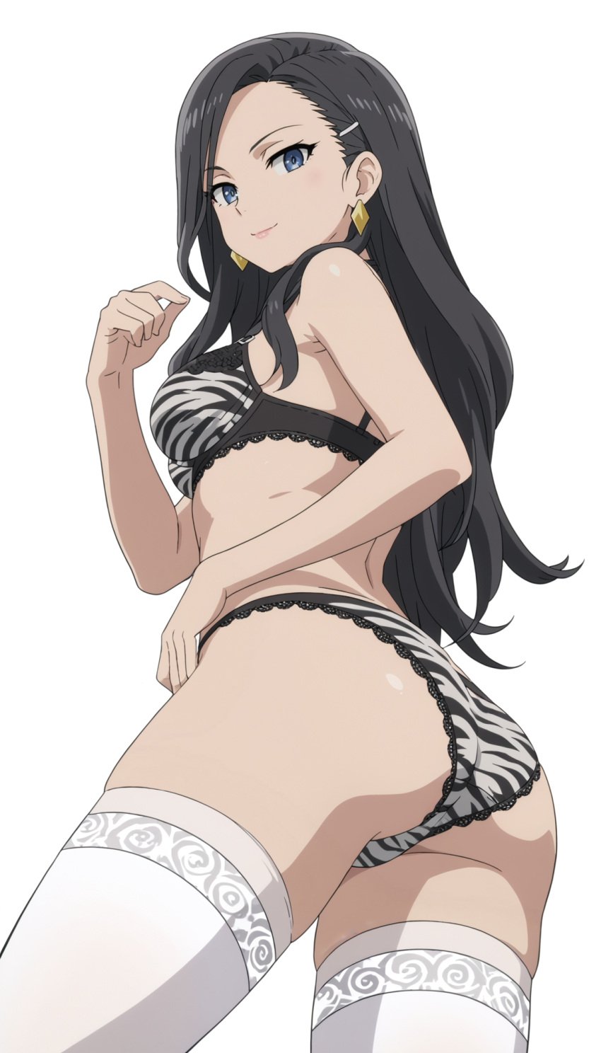 1girls ai_generated alternate_version_available ass black_hair blue_eyes earrings female female_only hi_res jewelry legwear lemonjing lingerie long_hair mature mature_female mature_woman milf mother mother_(lore) sakurajima_mai's_mother seishun_buta_yarou_wa_bunny_girl_senpai_no_yume_wo_minai solo solo_female thighhighs white_background white_legwear white_thighhighs