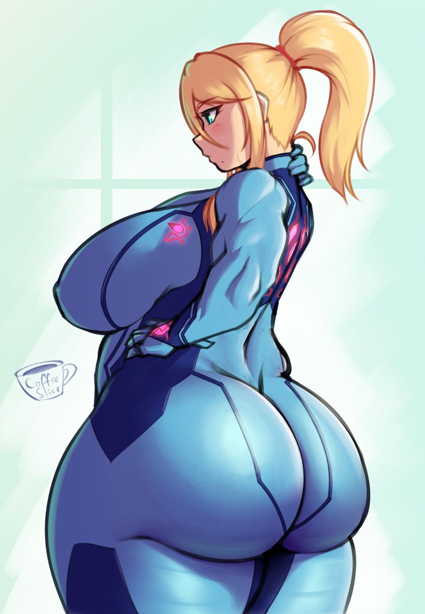 1girls ass big_ass big_breasts blonde_hair blue_eyes blush bubble_butt coffeeslice curvy_female dat_ass female_focus hand_on_own_hip huge_ass metroid muscular_arms nintendo pawg plump ponytail samus_aran skin_tight solo thick_ass thick_thighs zero_suit_samus