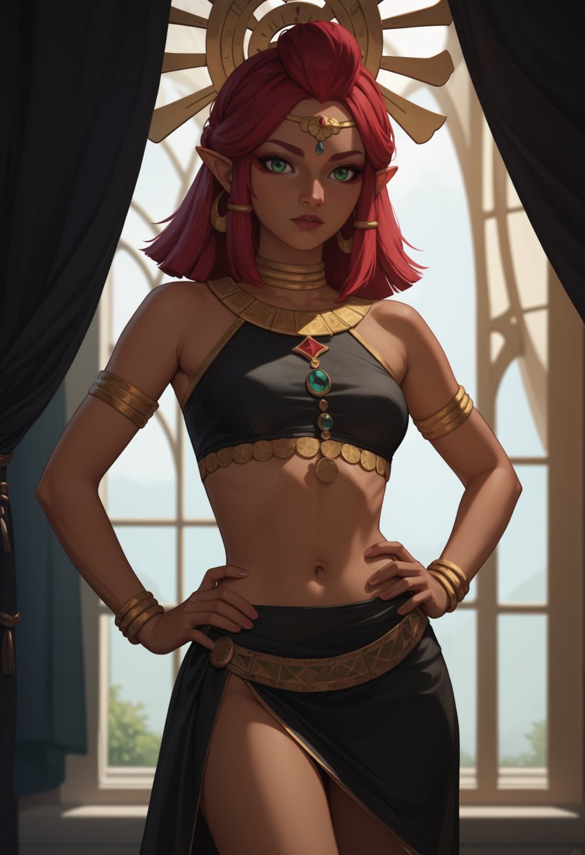 ai_generated angel_light_(artist) dark-skinned_female dark_skin gerudo midriff red_hair riju the_legend_of_zelda the_legend_of_zelda:_tears_of_the_kingdom