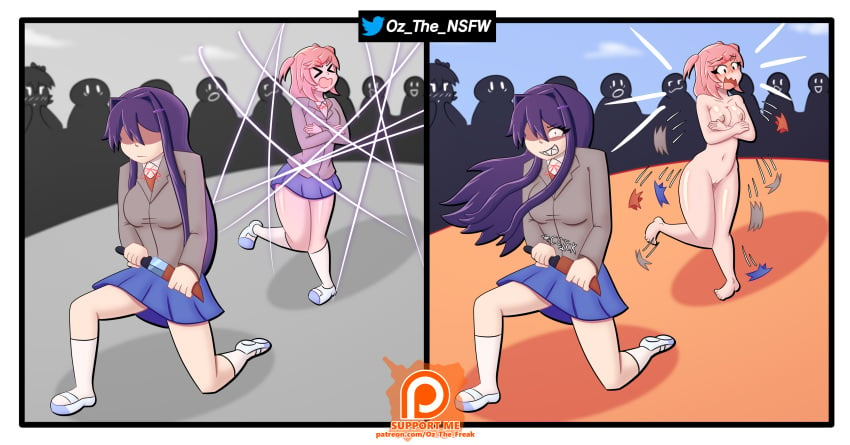 assisted_exposure doki_doki_literature_club embarrassed embarrassed_nude_female enf exposed_breasts forced_exposure humiliation natsuki_(doki_doki_literature_club) outdoor_nudity oz_the_freak pink_hair public_exposure public_humiliation public_nudity purple_hair ripped_clothing yuri_(doki_doki_literature_club)