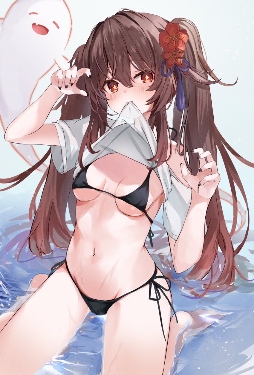 1girls 2024 2d 2d_(artwork) alternate_costume belly_button bikini bikini_bottom bikini_top black_bikini black_bikini_bottom black_bikini_top black_nails black_swimsuit boo_tao_(genshin_impact) brown_hair female female_focus female_only front_view genshin_impact high_resolution highres hoyoverse hu_tao_(genshin_impact) light-skinned_female light_skin long_hair looking_at_viewer mihoyo navel petite petite_body petite_female pigtails pookke33 simple_background sitting sitting_on_water slim_girl small_breasts solo solo_female solo_focus swimsuit thong thong_bikini two_piece_swimsuit two_tone_hair water white_background young younger_female