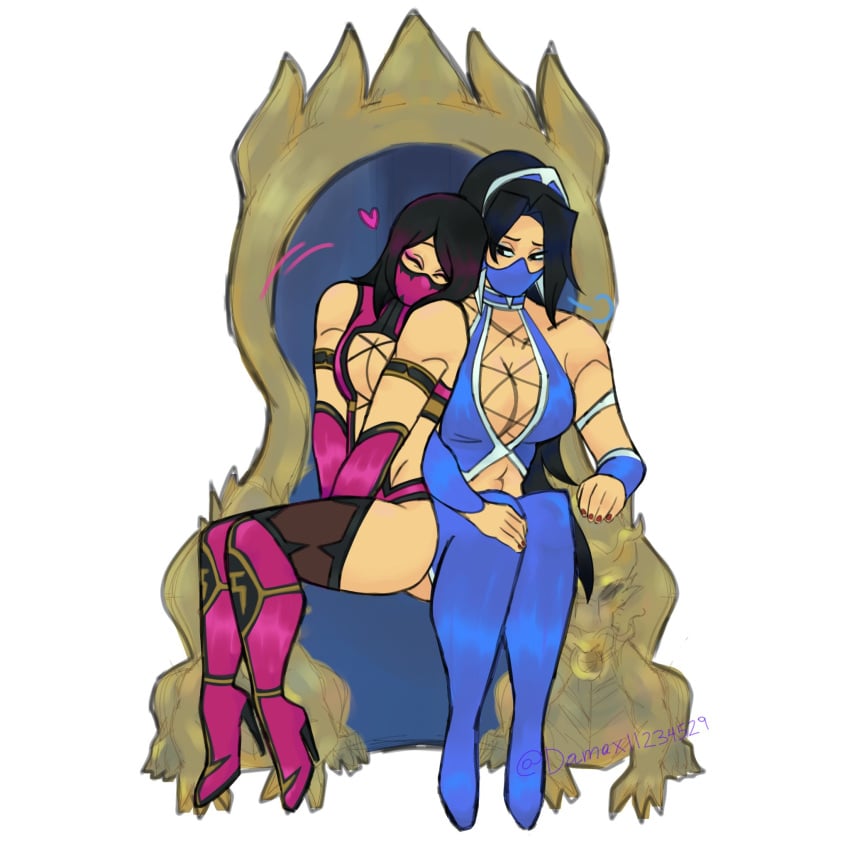 damax edenian female female_focus female_only hybrid kitana kitana_(mk9) kiteena midway midway_games mileena mileena_(mk9) mortal_kombat mortal_kombat_(2011) netherrealm_studios sisters sitting sitting_on_throne skimpy_clothes tarkatan tarkatan_eyes throne warner_bros._games warner_brothers