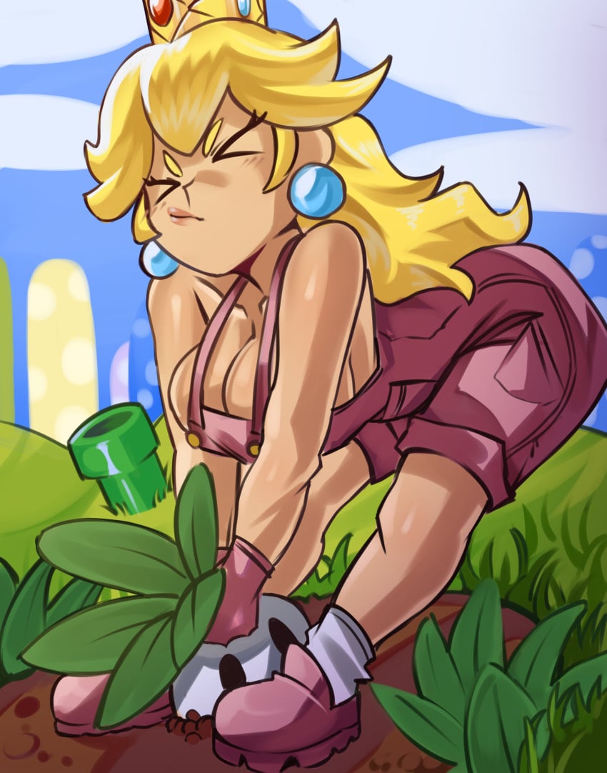 ass ass_up bare_arms big_breasts blonde_hair blue_earrings breasts cleavage crown earrings female female_focus female_only gloves long_hair looking_up mario_(series) moxydrawsmore nintendo overalls pointing_at_self princess princess_peach sitting solo solo_female solo_focus