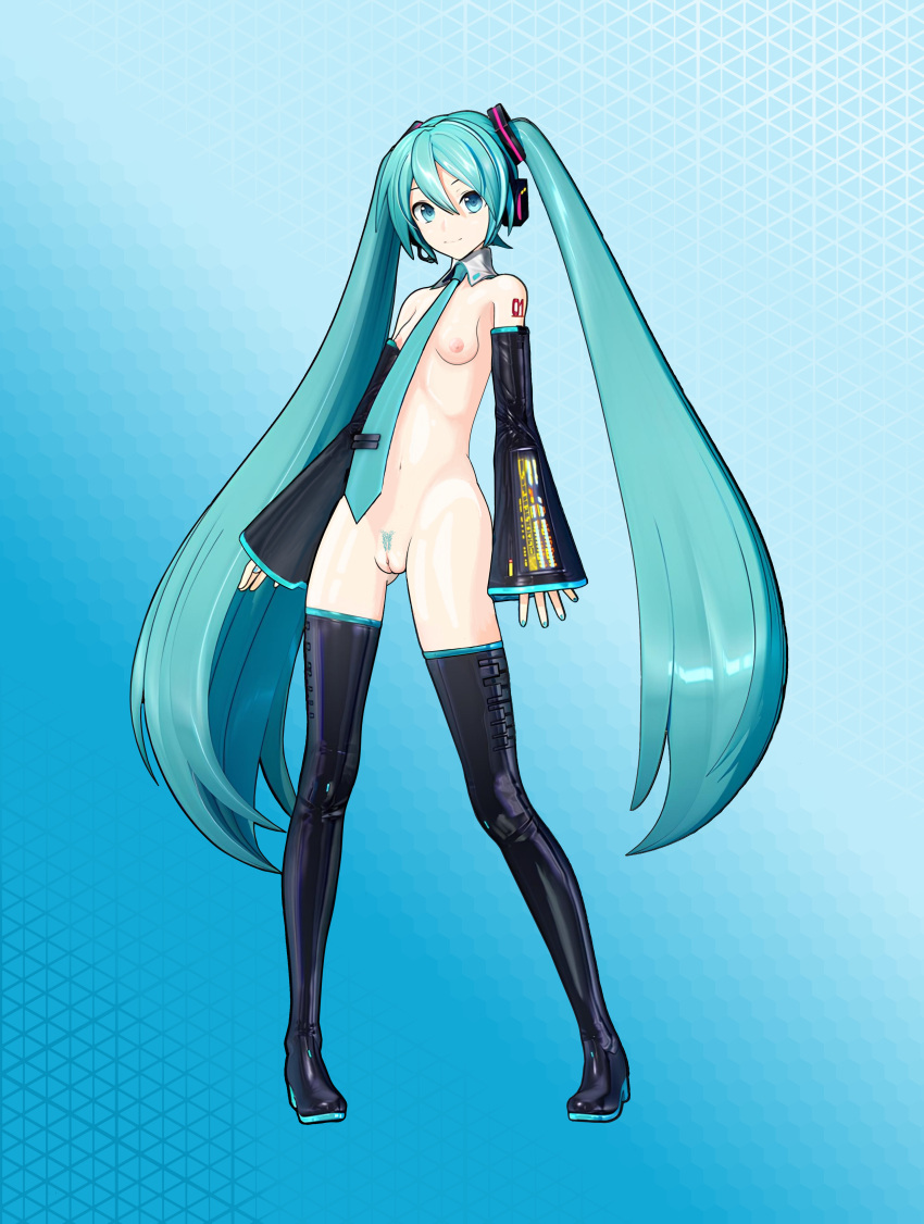 accurate_art_style blue_background blue_eyes blue_hair blue_tie breasts clothed hatsune_miku hentai leggings legwear mmd nsfw nude oil oiled pale_skin petite ponytail posing shiny_skin skinny small_boobs small_breasts small_tits sweat thighhighs twintails vagina vocaloid white_skin