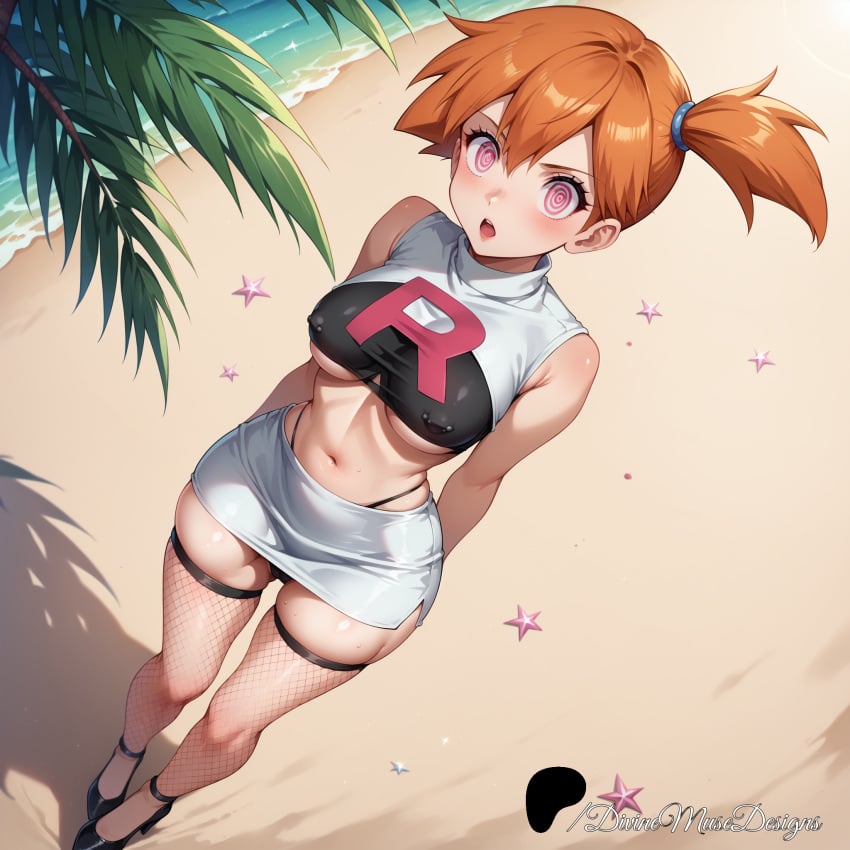 2024 4k 8k ai_generated beach belly_button black_panties color colored divine_muse_designs fishnet_legwear fishnets from_above game_freak hi_res high_heels high_resolution highres hypnosis hypnotized_eyes kasumi_(pokemon) nipple_piercing_bulge nipple_piercings_under_clothes orange_hair palm_tree patreon patreon_logo patreon_username pokemon sand sexy_clothing skimpy_clothes skirt spiral_eyes stable_diffusion sunlight team_rocket team_rocket_uniform thong underboob water watermark whale_tail