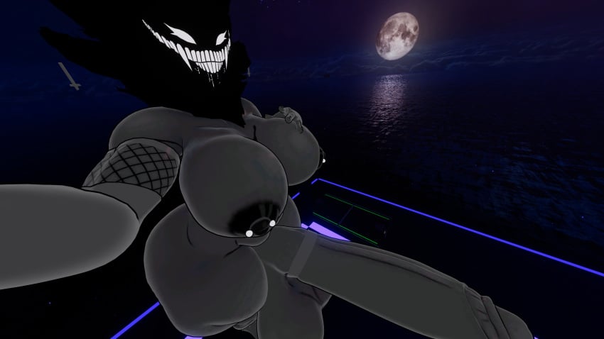 3d anthro backrooms_creature big_ass big_balls big_breasts big_cock big_penis drooling futa_only futanari grey_body huge_balls huge_breasts huge_cock karelia_(acerattman) karelia_futanari_(acerattman) moonlight ocean penis pierced_nipples queenstarvr smiler_(the_backrooms) vrchat vrchat_avatar