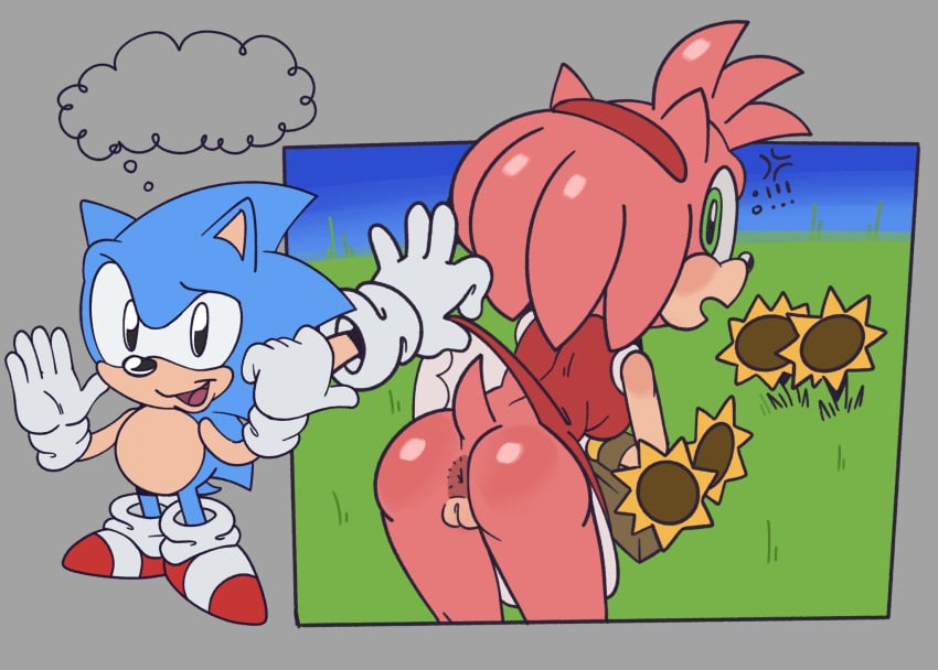 2024 amy_rose anthro anus ass bent_over blue_body blue_fur blush boobtardd bottomless bottomless_female breasts classic_sonic classic_sonic_(universe) clothed clothing clothing_lift dress dress_lift duo exclamation_point female flower fur genitals grass green_eyes grey_background hi_res looking_at_viewer male male/female medium_breasts no_underwear open_mouth pink_body pink_fur plant portrait pussy red_clothing red_dress sega simple_background size_difference sky sonic_(series) sonic_the_hedgehog sonic_the_hedgehog_(series) sunflower tail thought_bubble three-quarter_portrait