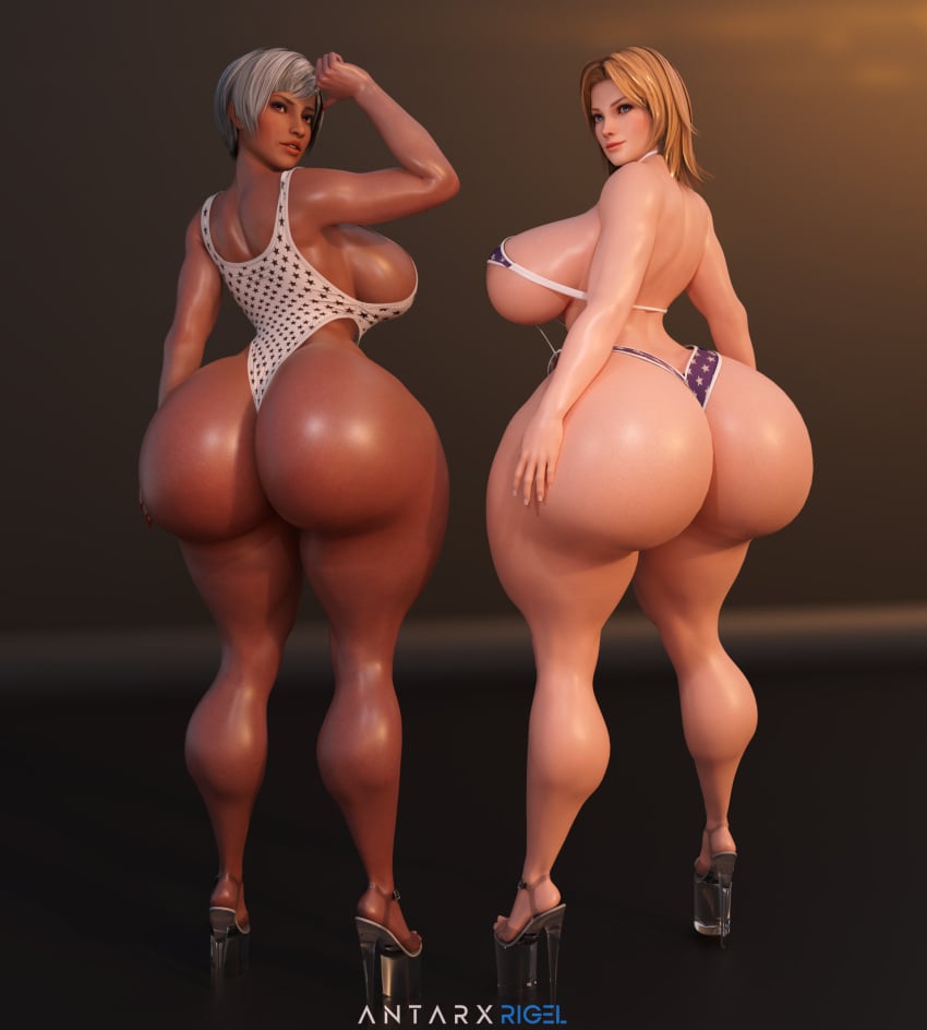 2girls 3d 3d_(artwork) antarxrigel artist_signature back_view big_ass big_breasts bikini blonde_hair blue_eyes brown_eyes brown_skin brown_skinned_female bubble_ass bubble_butt curvaceous curvy_female dat_ass dead_or_alive female female_focus high_heels hourglass_figure huge_ass large_breasts light-skinned_female light_skin lisa_hamilton long_hair looking_at_viewer looking_back nail_polish pawg posing short_hair tecmo thick thick_ass thick_thighs tina_armstrong voluptuous voluptuous_female white_hair wide_hips