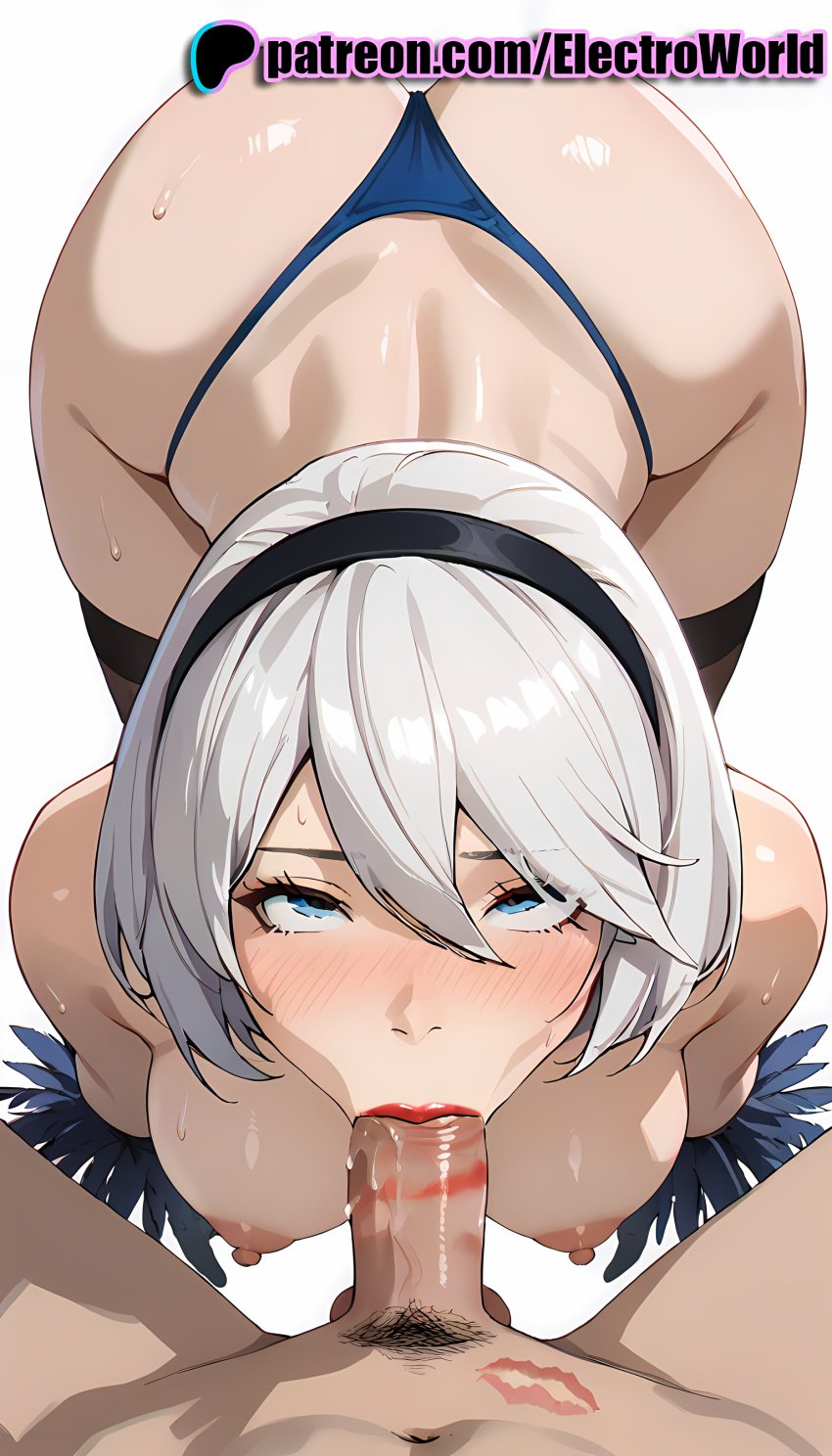 1boy 1girls ai_generated ass ass_focus ass_grab blowjob blush breasts breasts cock deepthroat deepthroat_holder dick dominant_pov drooling electroworld eye_contact fellatio female female_focus gag gagged innocent japanese male male/female nier nier:_automata nier_(series) nipples nude nude_female oral oral_penetration oral_sex penis petite saliva yorha_2b