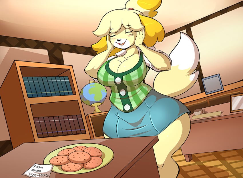 1girls animal_crossing anthro ass_expansion big_breasts breast_expansion breasts butt_expansion canine cleavage cookies dog dogfox female female_only fur furry growth hyper_breasts isabelle_(animal_crossing) jaeh mammal mayor nintendo solo