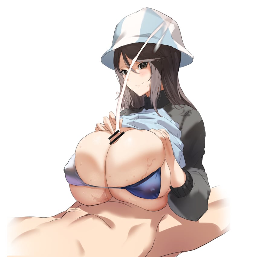 1boy bra breasts censored clothed_female_nude_male covered_nipples cum ejaculation ejaculation_between_breasts female girls_und_panzer grabbing_own_breast huge_breasts jacket keizoku_military_uniform mika_(girls_und_panzer) paizuri penis projectile_cum sakanaaj1 straight sweat tulip_hat