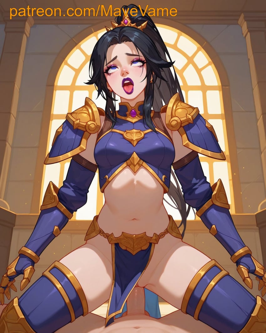 ahe_gao ahegao_face ai_generated armor black_hair blizzard_entertainment blue_eyes cowgirl_position diablo li-ming lipstick loincloth open_mouth pelvic_curtain purple_lipstick riding rolling_eyes sex sex_under_clothes sex_under_dress sex_under_loincloth sex_under_skirt vaginal_penetration vaginal_sex