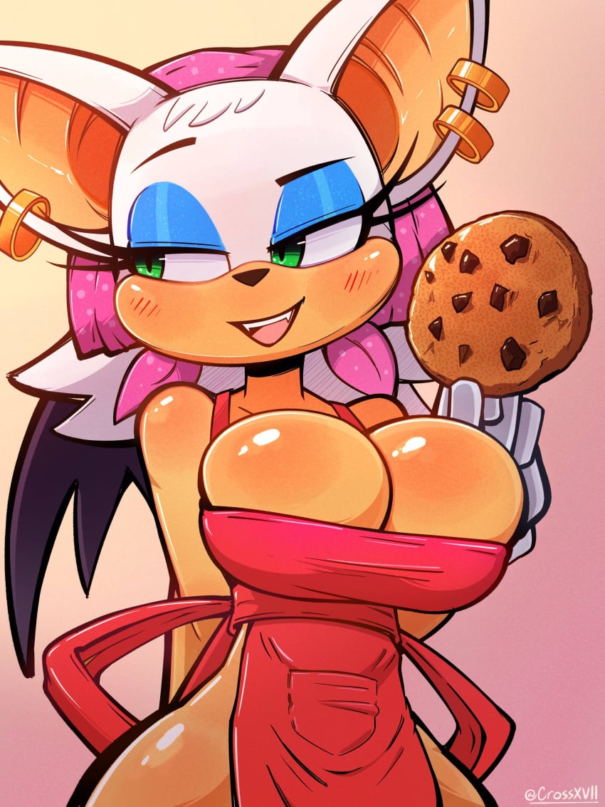 anthro anthro_only big_breasts big_thighs blush breasts chef_apron cookie crossxvii earrings furry furry_only horny rouge_the_bat sega sonic_(series) wide_hips