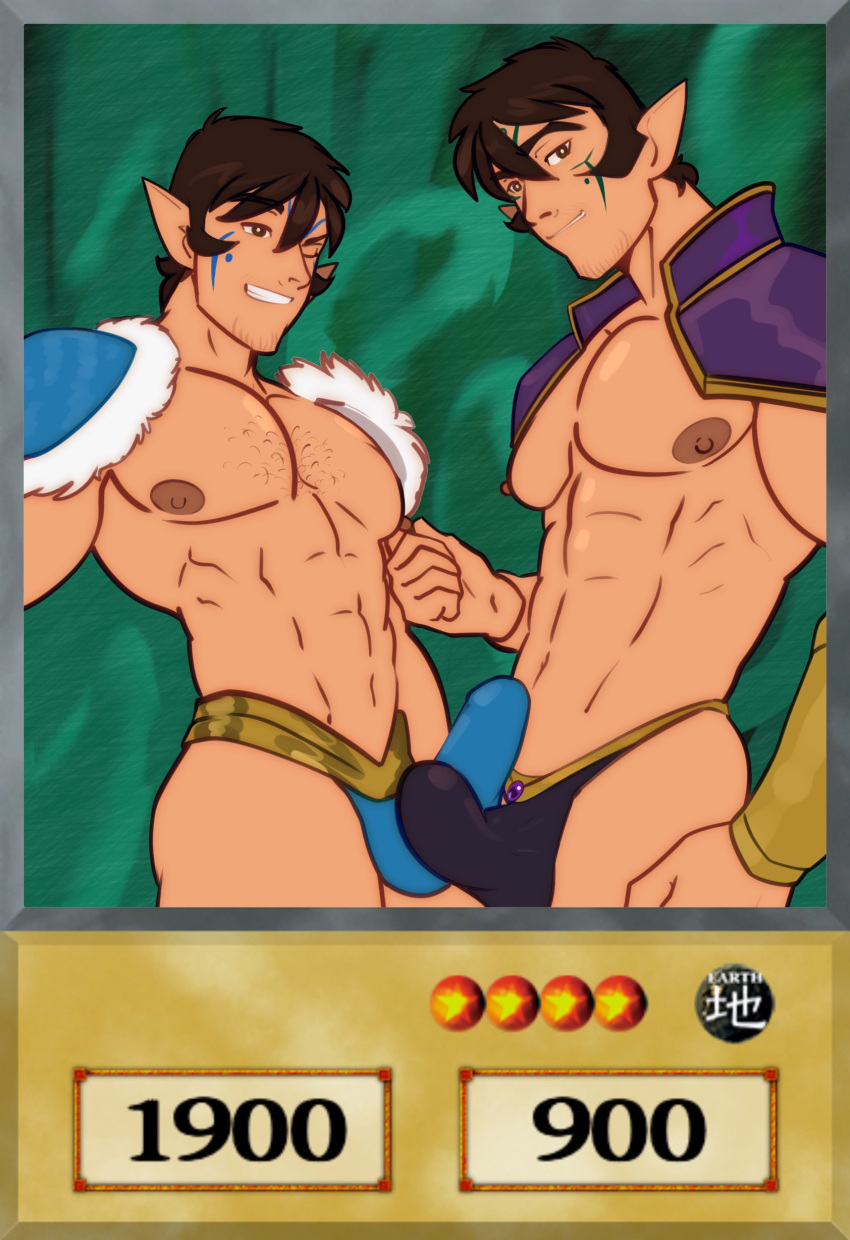 abs bara biceps big_bulge bulge cummytomato duel_monster erection_under_clothes gay gemini_elf male male/male male_nipples male_only muscular_male nipples pecs penis_outline underwear yu-gi-oh!