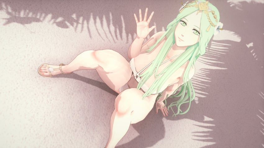 1girls 3d alternate_costume arm_support bare_arms bare_legs bare_midriff bare_shoulders beach bikini breasts cleavage collarbone female female_only female_pubic_hair fire_emblem fire_emblem:_three_houses flower from_above green_eyes green_hair hair_flower large_breasts legs long_hair looking_at_viewer looking_up mature mature_female midriff nekomarusan nintendo o-ring o-ring_bikini outdoors pubic_hair pubic_hair_peek rhea_(fire_emblem) sandals shoes shoulders sitting smile solo swimsuit very_long_hair waving waving_at_viewer white_bikini white_swimsuit