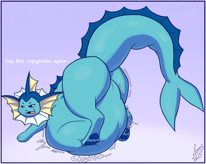 2024 3_toes ambiguous_gender belly big_butt blue_body blue_skin copypasta dialogue ear_fins eeveelution feral feral_only fin generation_1_pokemon gradient_background human_prey nintendo notsafefoxxwork paws pokemon pokemon_(species) rumbling_stomach smug smug_face tail text thick_tail vaporeon vore