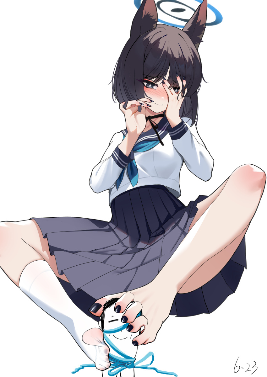 absurdres animal_ear_fluff animal_ears barefoot black_eyes black_hair black_nails black_ribbon blue_archive blue_halo blue_neckerchief blue_ribbon blue_sailor_collar blush bob_cut cat_ears dated doodle_sensei_(blue_archive) feet female halo hand_on_own_face highres kikyou_(blue_archive) long_sleeves medium_skirt nail_polish neck_ribbon neckerchief painted_toenails pleated_skirt ribbon sailor_collar school_uniform sensei_(blue_archive) serafuku short_hair simple_background simulated_footjob single_sock skirt socks toenail_polish toes white_background xiyu_yy