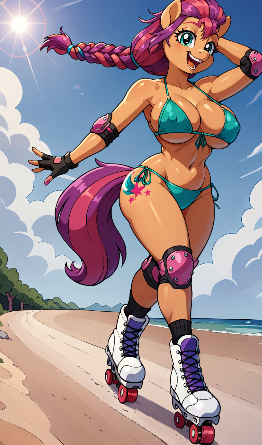 1girls ai_generated anthro equine female my_little_pony purple_hair roller_skates smile sunny_starscout_(mlp) tagme