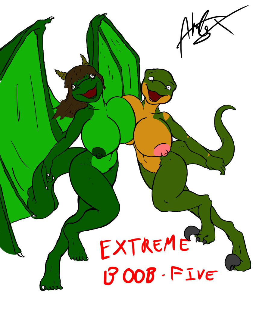 2014 aisha_neavi akelyx anthro areola ass barefoot big_breasts breast_squish breasts claws dragon female furry happy jade_moontail looking_at_viewer nipples nude open_mouth plain_background pussy reptile scalie smile text wings