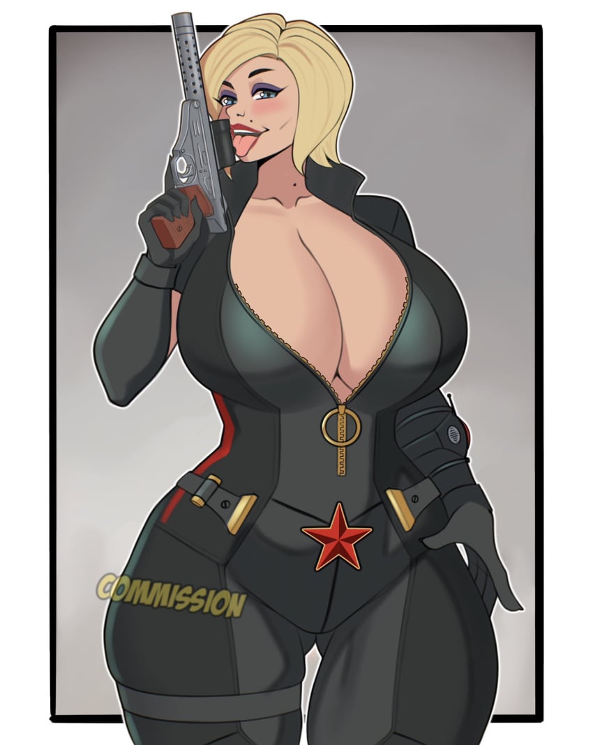 1girls 2d 2d_(artwork) beauty_mark big_breasts black_forest_games blonde_hair blue_eyes bodysuit busty cleavage commission commission_art curvaceous curvy curvy_figure destroy_all_humans! destroy_all_humans!_2 destroy_all_humans!_2_reprobed digital_media_(artwork) female female_only giant_breasts gun hourglass_figure huge_breasts human jakuson_z kgb licking light-skinned_female light_skin mole_above_mouth natalya_ivanova pandemic_studios russian russian_girl slim_waist solo spy thick thick_thighs thq unzipped_bodysuit voluptuous voluptuous_female wide_hips