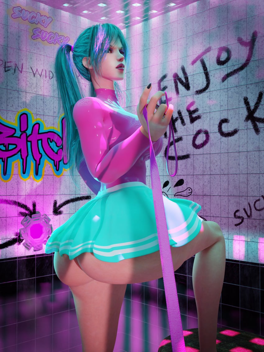 black_nails blue_hair blue_skirt cablensfw exposed_ass female_only glory_hole glory_wall large_ass large_breasts latex latex_clothing latex_skirt latex_suit leash leashed_pov lipstick looking_at_viewer mistress overwatch overwatch_2 pink_lipstick pink_topwear pulling_leash scowl short_skirt solo_female twintails