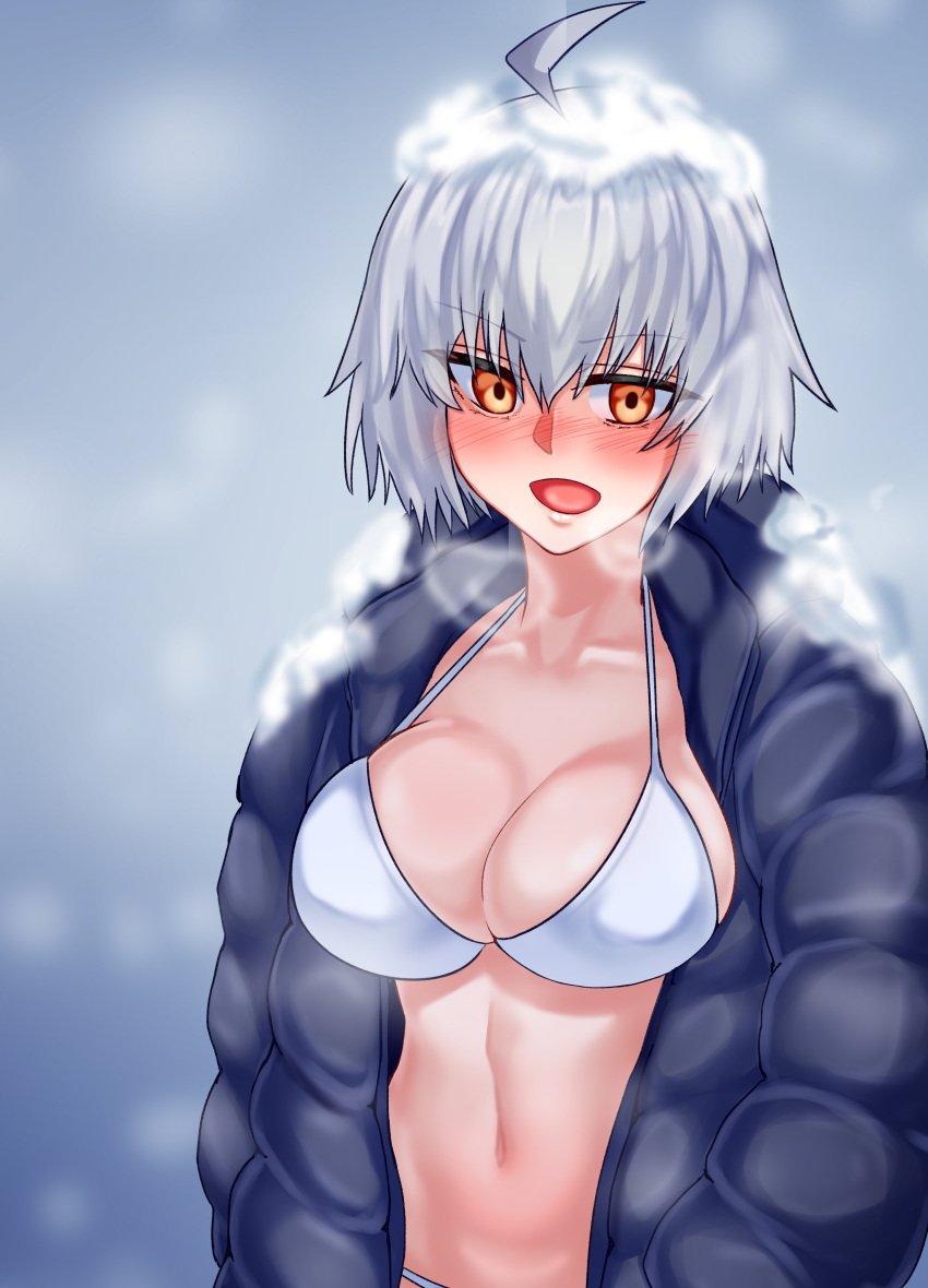 1girls ahoge arms_at_sides belly belly_button big_breasts big_breasts bikini bikini_top blue_background blue_coat blue_jacket blush blush blush_lines blushing_at_viewer bra breasts breasts coat coat_only coat_open covered_breasts covered_nipples curvaceous curves curvy exposed_belly exposed_stomach fat_breasts fate/grand_order fate_(series) female female_focus female_only fit_female flushed furrowed_brow furrowed_eyebrows gray_eyebrows gray_hair grey_eyebrows grey_hair hands_at_side huge_boobs jacket jacket_only jacket_open jeanne_alter jeanne_d&#039;arc_(alter)_(fate) jeanne_d&#039;arc_(fate)_(all) jeanne_d&#039;arc_alter_(fate) kinginboueki large_boobs looking_at_viewer nipples open_mouth open_mouth pale-skinned_female pale_skin panties partially_clothed partially_clothed_female plump_breasts pose posing pov puffy_jacket puffy_sleeves short_hair simple_background snow snow_on_body snow_on_head snowing sole_female solo_female solo_focus standing stomach tongue visible_air visible_breath voluptuous white_bikini white_bikini_top white_bra white_panties winter winter_clothes winter_coat yellow_eyes