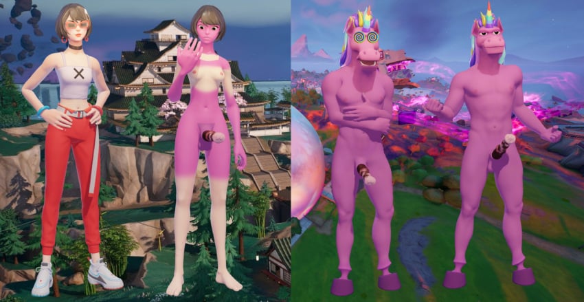 3d 3d_(artwork) black_hair blender blender_(software) ejejhajsheusususu evie_(fortnite) fabio_sparklemane_(fortnite) female_to_male fortnite ftm_transformation human_to_anthro malakisuglypotato_(artlist) red_glasses short_hair smile transformation transformation_sequence unicorn unicorn_horn