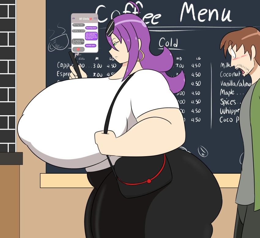 big_ass big_thighs coffee_shop handbag igphhangout massive_breasts nipples_visible_through_clothing phone purple_hair purple_hair_female shelly_(igphhangout) texting thick_thighs