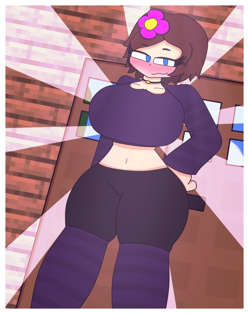 :3 belly_button big_ass big_breasts big_thighs blue_eyes blush blushing breast brown_hair busty collar crop_top curvy flower_in_hair jenny_belle_(slipperyt) minecraft pants thick_thighs verdoshonsfw