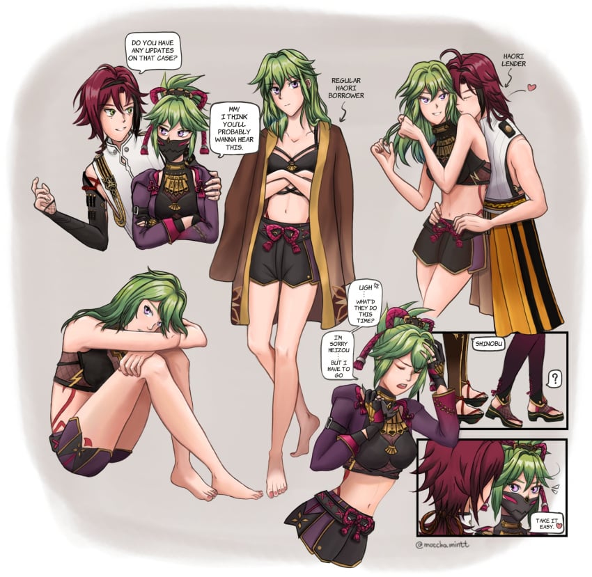 1boy 1girls bare_legs barefoot borrowed_clothes dialogue english_text female genshin_impact green_hair heart hugging_from_behind kuki_shinobu male male/female mask masked_female romantic shikanoin_heizou speech_bubble straight