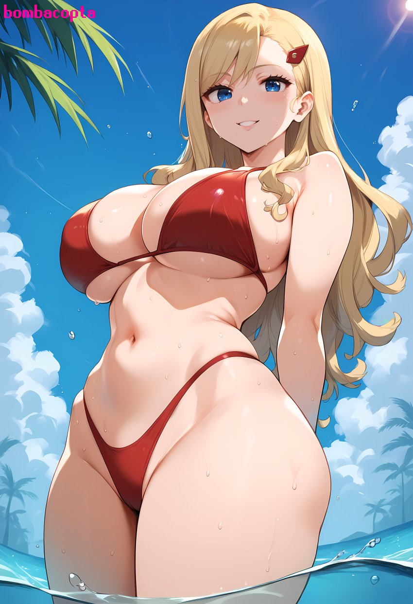 ai_generated ass big_breasts bikini bikini_bottom bikini_top blonde_hair blue_eyes bombacopta breasts edens_zero female female_only hairclip highres large_breasts midriff navel posing rebecca_bluegarden red_bikini simple_background smile solo voluptuous_dickgirl