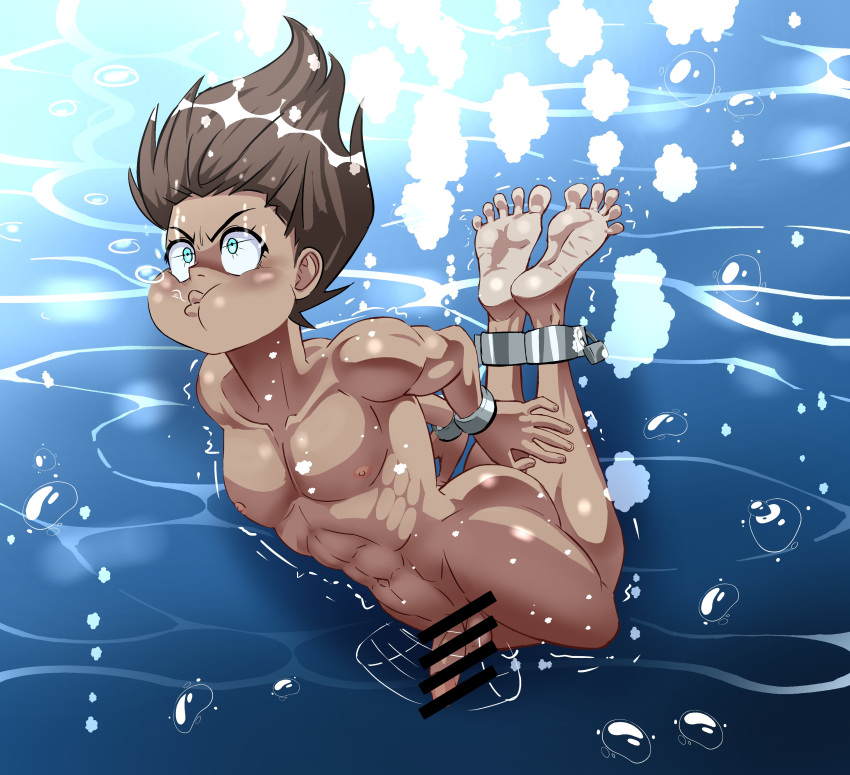 1boy about_to_drown air_bubbles angry_face big_ass breathhold brown_hair censor_bar censored_penis chained_ankles chained_up chained_wrists circumcised completely_nude completely_nude_male dangling_penis drowning feet feet_up holding_breath imminent_death looking_up male male_ass male_feet male_only markustercero midriff muscular_male nipples penis puffed_cheeks puffy_cheeks restrained restrained_wrists six_pack tagme tan_skin underwater