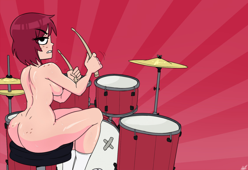 ass big_ass big_butt breasts casual drum_set drums drumsticks female footwear hellonearthiii human kim_pine naked naked_female nude nude_female pale_skin red_hair scott_pilgrim tagme tomboy