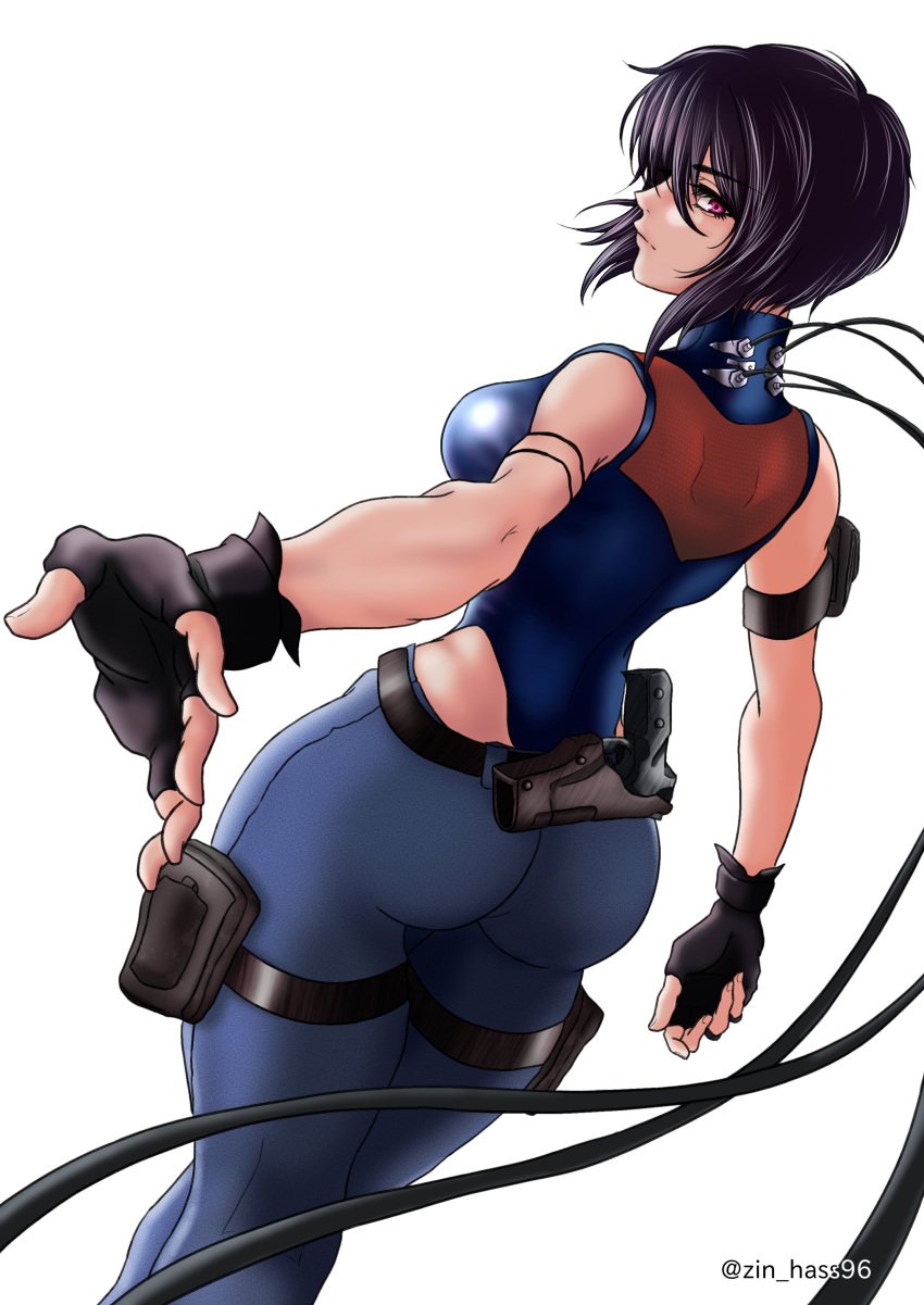 ass curvy from_behind ghost_in_the_shell kusanagi_motoko medium_breasts purple_eyes purple_hair