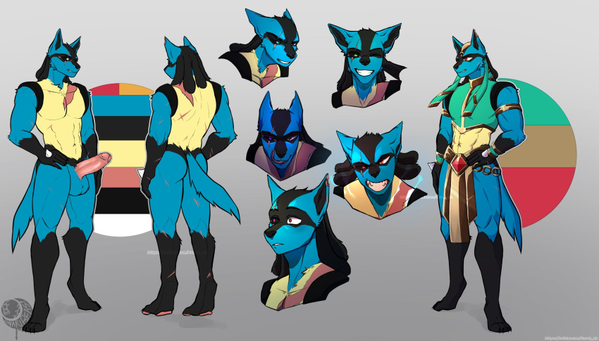 2022 anthro azreh balls bottomwear clothed clothing erection generation_4_pokemon genitals hi_res humanoid_genitalia humanoid_penis loincloth lucario male model_sheet nagisalucario nintendo nude penis pokemon pokemon_(species) scar signature text url