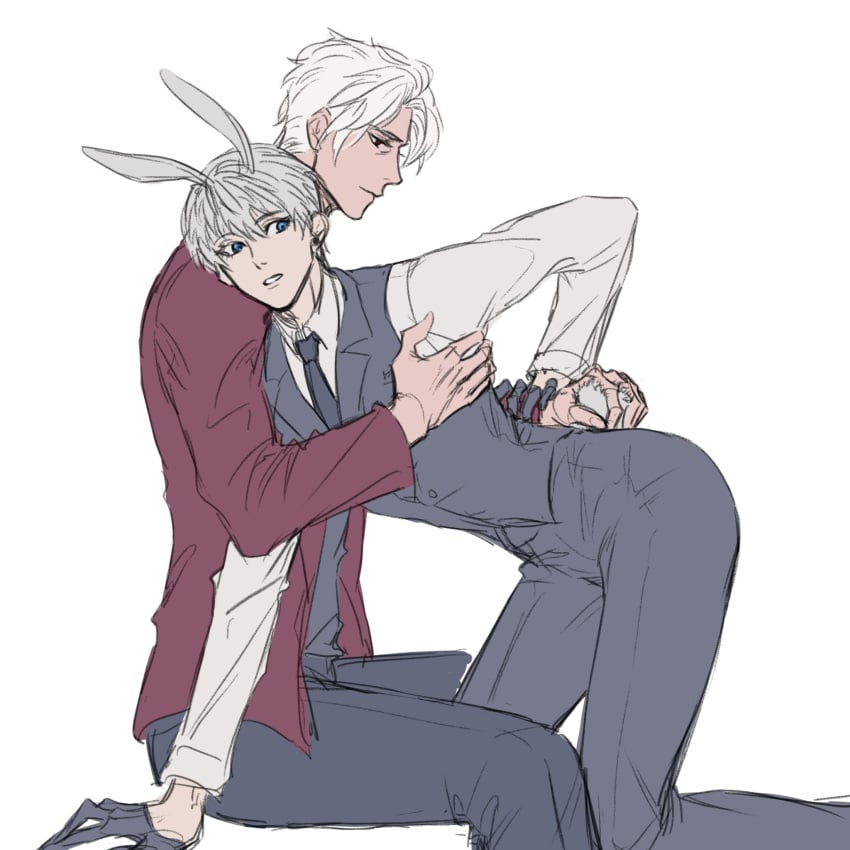 2boys arched_back bunny_boy bunny_ears color formal_wear fully_clothed gay legs_apart love_and_deep_space male_only older_dom_younger_sub silver_hair suggestive suit sylus_(love_and_deep_space) tail tail_grab twink_and_daddy xavier_(love_and_deep_space) yaoi