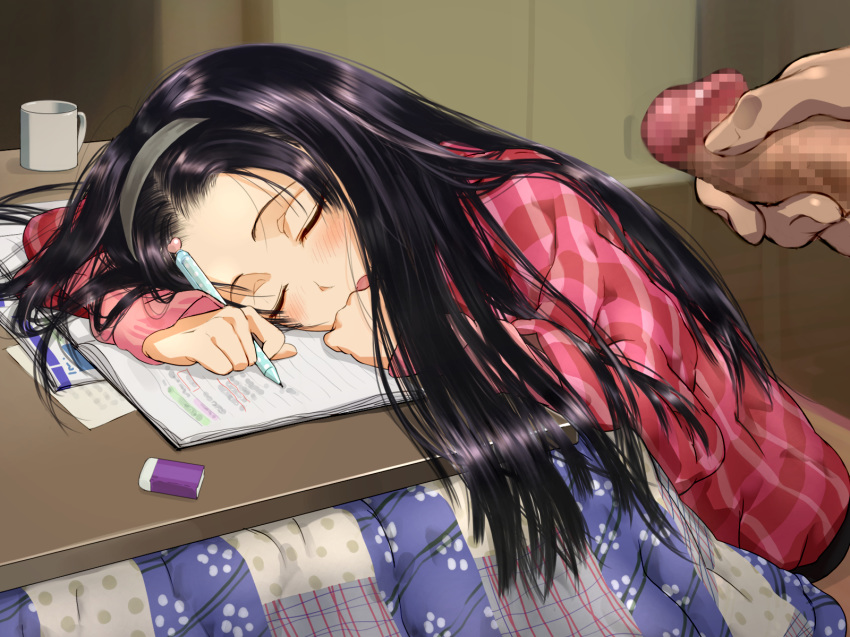 black_hair blush censored closed_eyes clothing cup dokiyuri eraser female hairband hanten_(clothes) highres kotatsu long_hair masturbation mechanical_pencil mug notebook open_mouth original pencil penis sitting sleeping solo_focus table