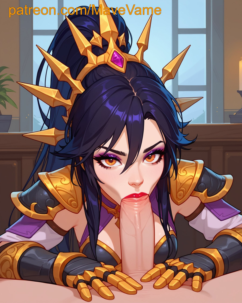 ai_generated armor black_hair blizzard_entertainment blowjob blowjob_face diablo female li-ming lipstick oral oral_penetration oral_sex orange_eyes red_lipstick sucking