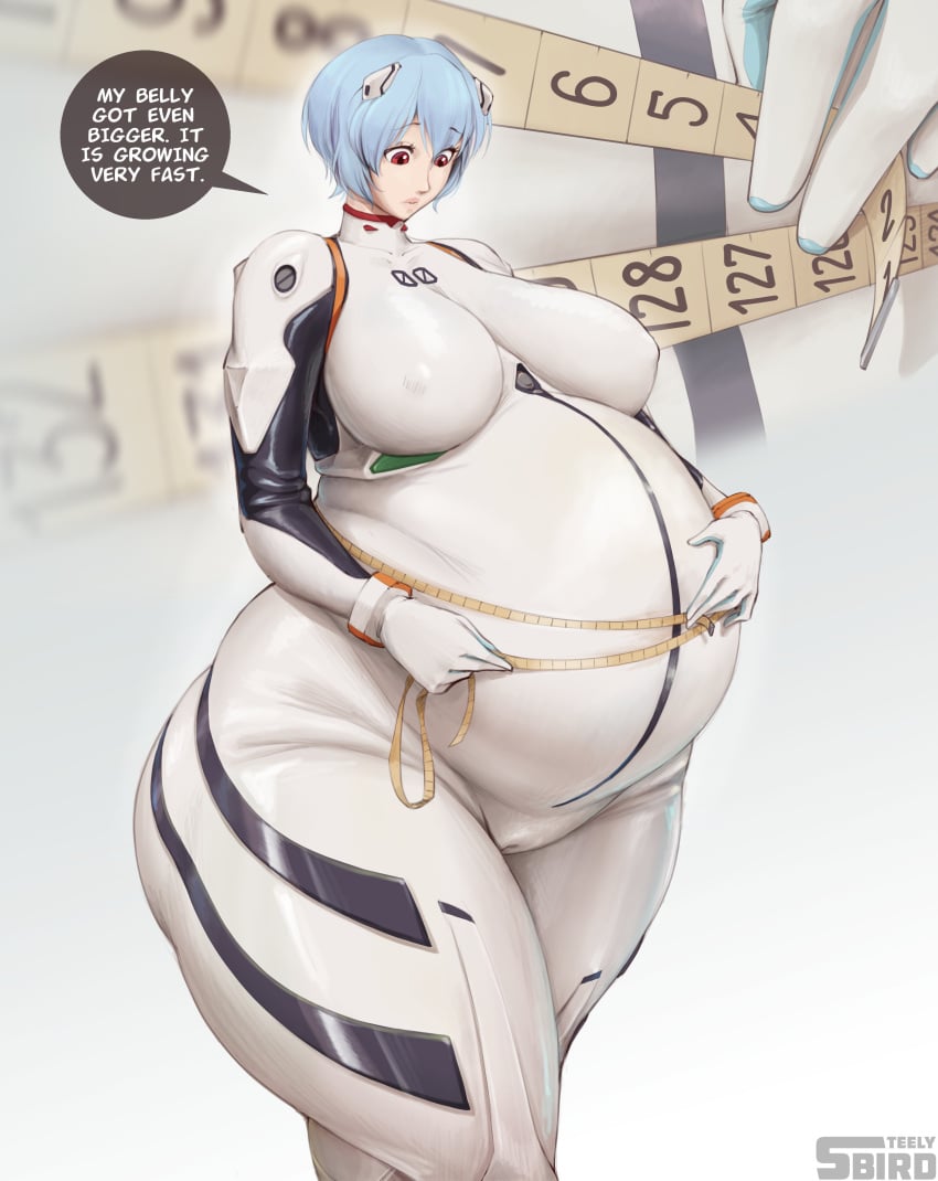 1girls big_belly bodysuit human large_breasts neon_genesis_evangelion neopn_genesis_evangelion plugsuit pregnant rei_ayanami solo solo_female standing steely_bird text thick_thighs wide_hips