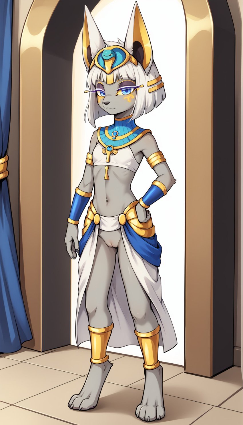 1girls 2024 ai_generated anthro blue_eyes bottomless bottomless_female bracelet digitigrade egyptian egyptian_clothes egyptian_headdress eyeshadow face_paint female female_only gold_(metal) gold_jewelry grey_body hand_on_hip hi_res indoors innie_pussy jewelry looking_at_viewer mineru nintendo pussy short_hair smile the_legend_of_zelda the_legend_of_zelda:_tears_of_the_kingdom white_clothing white_hair zonai