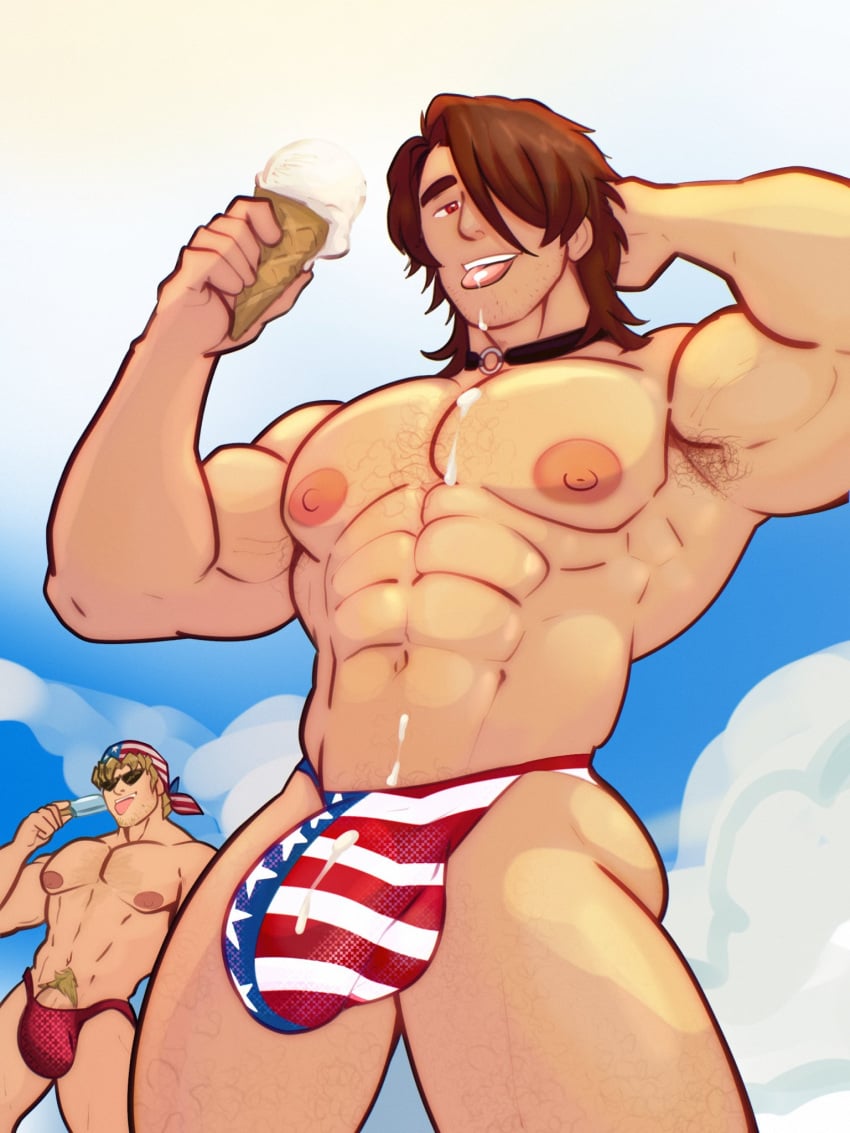 abs american_flag armpit_hair balls_under_clothes bandit_keith bara biceps big_bulge big_penis bulge bulge_through_clothing crossover cummytomato gallagher_(honkai:_star_rail) gay honkai:_star_rail male male/male male_nipples male_only male_pubic_hair muscular_male nipples pecs penis penis_outline penis_under_clothes underwear yu-gi-oh!