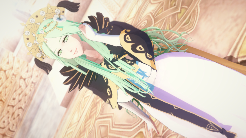 1girls 3d adjusting_hair breasts bridal_gauntlets female female_only fire_emblem fire_emblem:_three_houses green_eyes green_hair headwear indoors large_breasts long_hair mature mature_female nekomarusan nintendo rhea_(fire_emblem) smile solo very_long_hair wide_hips