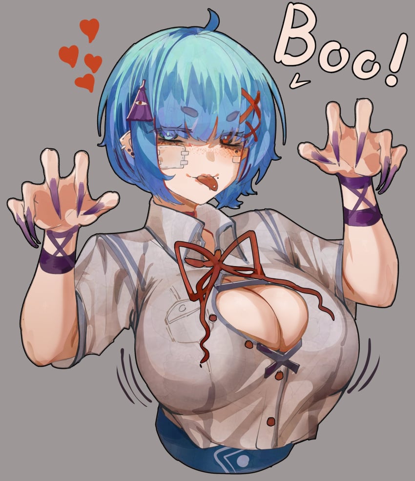 1girls big_breasts blue_eyes blue_hair boob_window breasts clothed_female grey_background heterochromia kogasa_tatara light-skinned_female purple_nails red_eyes sharp_fingernails solo solo_female tomatolover16 tongue tongue_out touhou