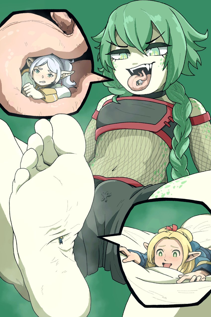 1boy 2girls barefoot bulge clothing_entrapment dungeon_meshi elf feet female femboy femsub foot_fetish foot_focus foot_worship frieren giant girly green_hair larger_male licking_foot long_tongue macro male male_focus maledom marcille_donato micro size_difference smaller_female sousou_no_frieren thesigmaarts tongue