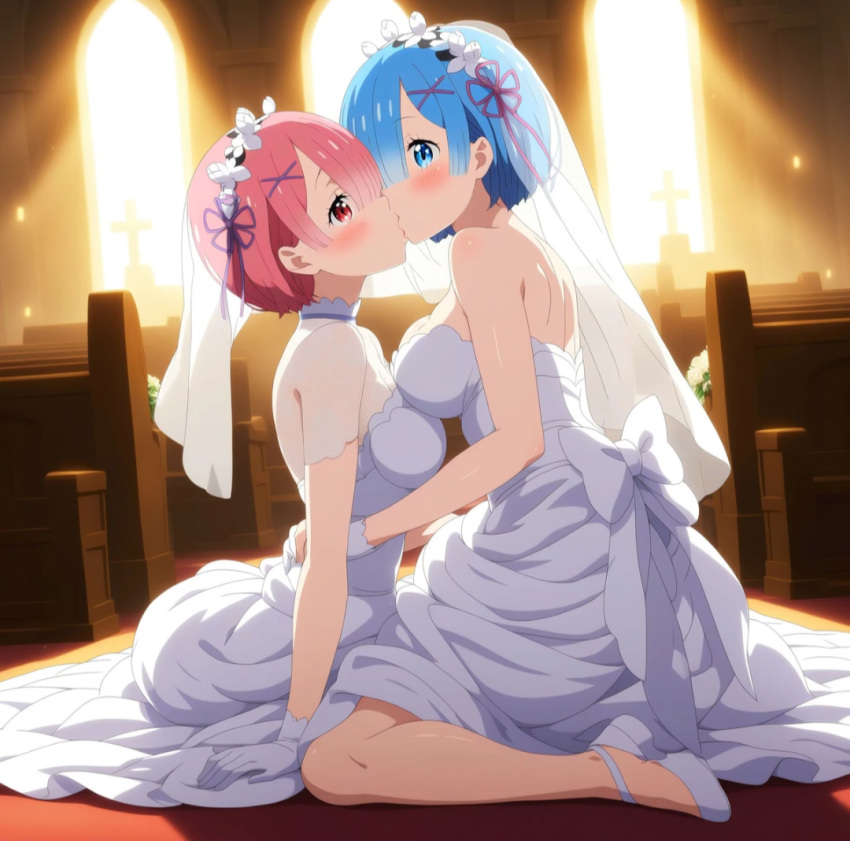 ai_generated blue_eyes blue_hair blush fully_clothed hands_behind_back incest kissing large_breasts on_knees pink_hair ram_(re:zero) re:zero_kara_hajimeru_isekai_seikatsu red_eyes rem_(re:zero) sisters twincest twins wedding_dress wedding_veil white_shoes yuri