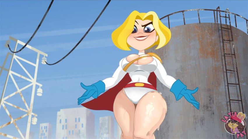 accurate_art_style blonde_hair blue_gloves cleavage_cutout confident dc_super_hero_girls edit edited_screencap gloves grin hourglass_figure kara_zor-el la_tiapat large_breasts leotard outdoors power_girl sweat sweaty_legs thick_thighs white_leotard wide_hips