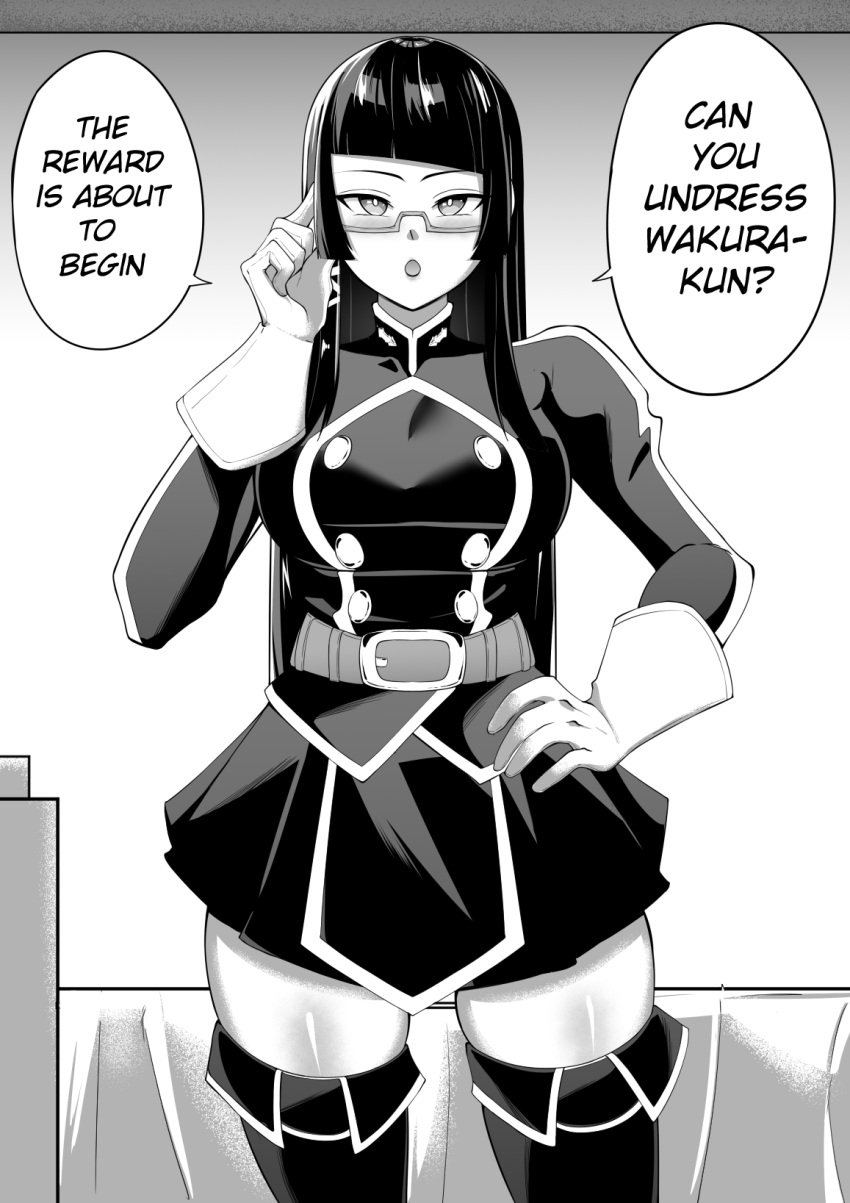 anti-demon_corps_uniform azuma_maia glasses gloves hand_on_hip large_breasts long_hair mato_seihei_no_slave megane pleated_skirt sorabluesky speech_bubble thick_thighs