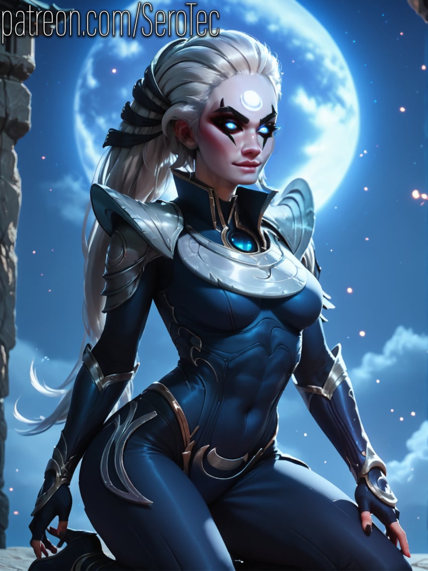 1female 1girls 2d above ai_generated armor armored_dress armored_female armored_gloves blue_eyes breastplate detailed_female diana_(league_of_legends) eyeshadow facial_markings female forehead_mark girl glowing_eyes hi_res high_resolution highres league_of_legends long_hair mascara medium_breasts moonlight pale-skinned_female pale_skin patreon riot_games serotec silver_hair slim white_hair