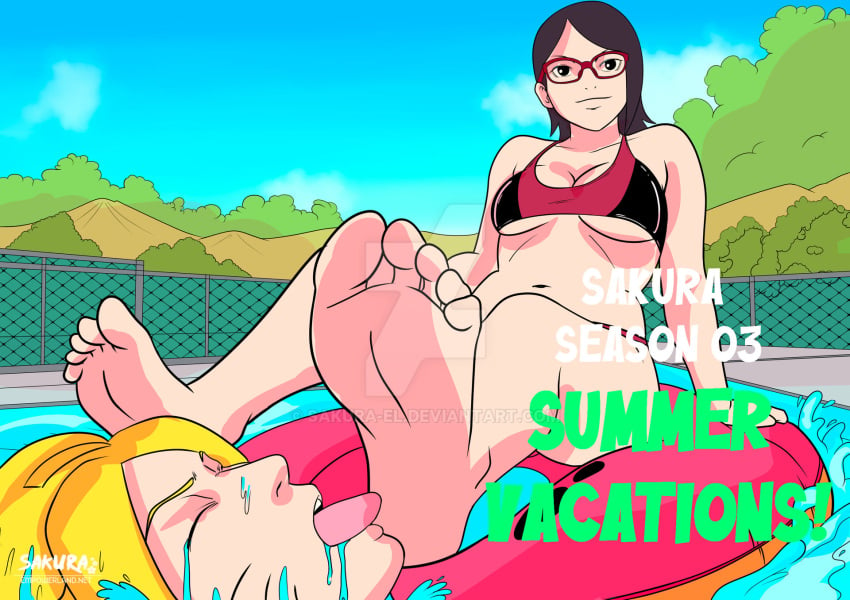 1boy 1girls barefoot bikini black_hair blonde_hair boruto:_naruto_next_generations breasts cleavage dominant dominant_female drowning empowerland feet female_focus femdom fetish floater foot_fetish foot_focus from_below glasses high_resolution inflatable inflatable_toy long_hair male/female malesub naruto naruto_(series) partially_submerged pool sarada_uchiha season_3 short_hair sitting straight submissive submissive_male swimming_pool swimsuit teenager text underboob uzumaki_boruto viewed_from_below watermark whisker_markings whiskers