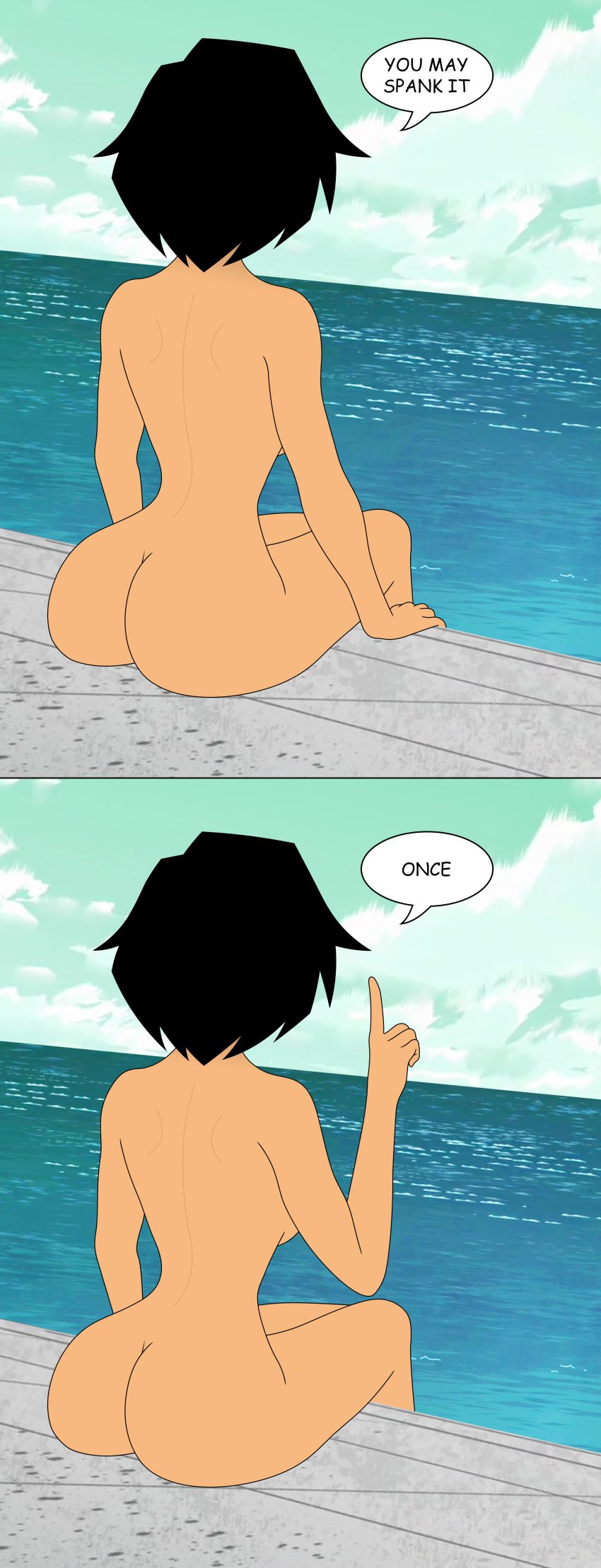 1girls beach big_hero_6 big_hero_6:_the_series black_hair disney disney_channel gogo_tomago marvel marvel_comics mehefin013 meme nude nudist nudist_beach sitting speech_bubble viewed_from_behind you_may_spank_it_once_(meme)